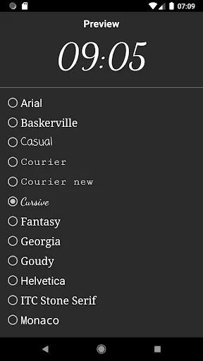 Font settings preview showing 09:05 in Cursive font with 11 font options available