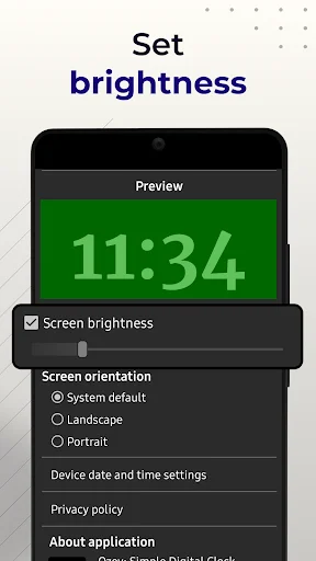 Brightness and screen orientation settings with green digital clock preview 11:34