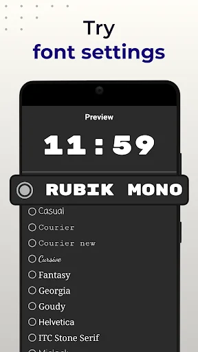 Font selection settings with RUBIK MONO font choice and multiple font options