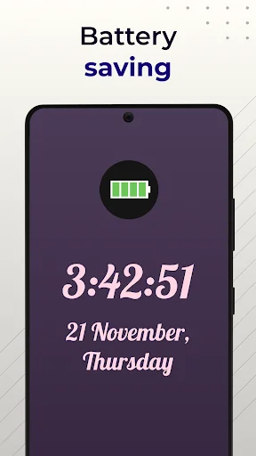 Battery saving feature with purple theme displaying time 3:42:51 and date