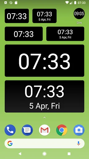Multiple digital clock widget layouts showing time 07:33 and 09:05 in various sizes