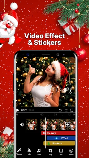 Video Effect & Stickers editing interface with Christmas-themed effects and decorative sticker options for festive video enhancement