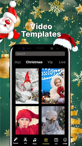 Video Templates library with searchable interface featuring Hot, Christmas, VIP, and Live category filters for quick template selection