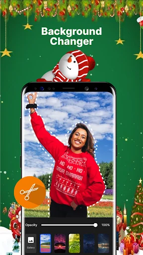 Background Changer interface with opacity control slider and landscape or themed background replacement options for video customization