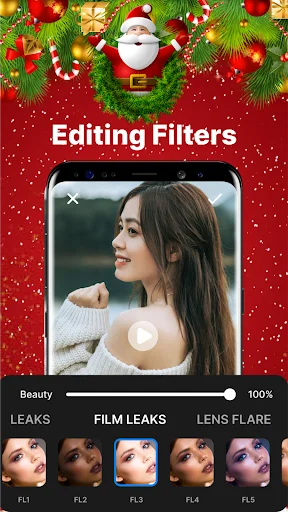 Editing Filters screen with beauty slider adjustment and effects like Film Leaks and Lens Flare for professional photo enhancement