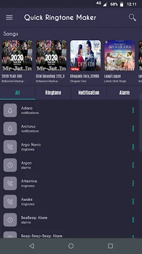 Quick Ringtone Maker home screen displaying song library and list of saved ringtones organized by contact or phone assignments