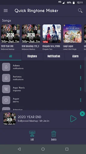 Ringtone preview popup showing song title with play control and edit or delete options for selected Bollywood Mashup track