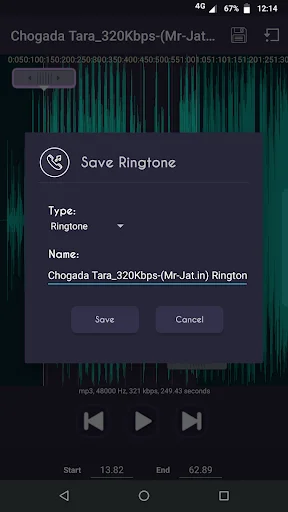 Save Ringtone dialog box with dropdown to select ringtone type and name field for saving the edited audio clip