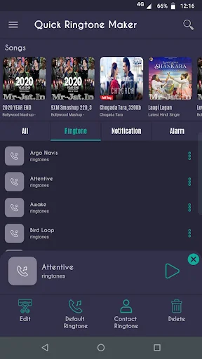 Ringtones management tab displaying list of saved custom ringtones with edit, default, contact assignment and delete action buttons
