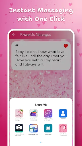 Share romantic message screen showing social media and messaging app options for instant sharing