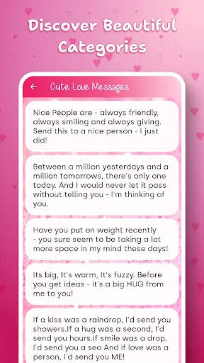Cute Love Messages category showing romantic phrases and heartfelt messages for loved ones