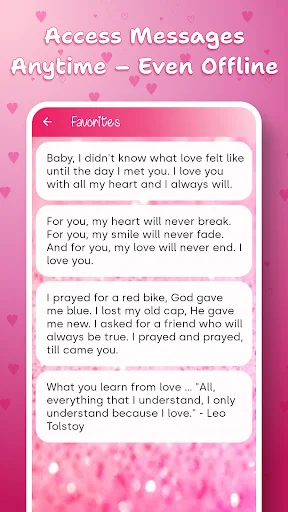 Favorites section displaying collection of romantic messages and love quotes accessible offline