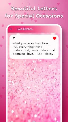 Love Quotes screen displaying romantic quote by Leo Tolstoy with heart icon and pink sparkle background
