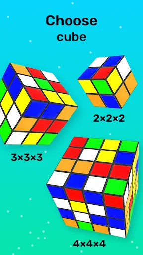 Cube puzzle difficulty selector displaying 2x2x2, 3x3x3, and 4x4x4 3D Rubik's cube options