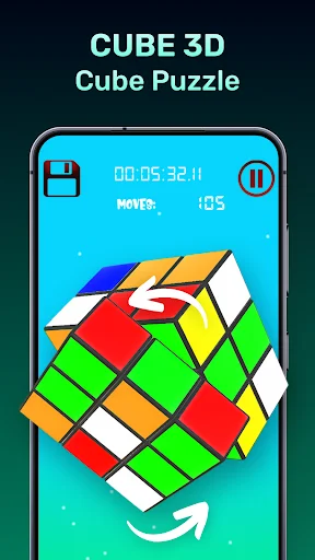 Cube 3D gameplay interface showing timer, move counter, save button, and pause function