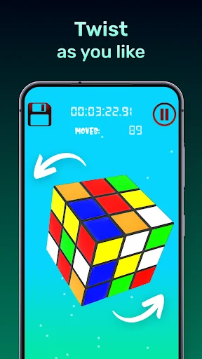 Interactive 3D cube puzzle with rotation arrows indicating twist and solve game mechanics