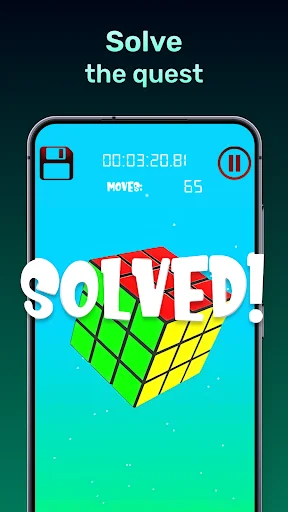 Solved puzzle victory screen displaying completed 3D Rubik's cube with achievement message
