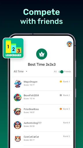 Leaderboard screen showing player rankings, scores, and Best Time 3x3x3 puzzle competition