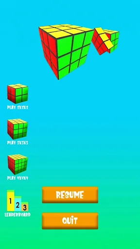 Main game menu with quick play, level selection, and leaderboard option for cube puzzles