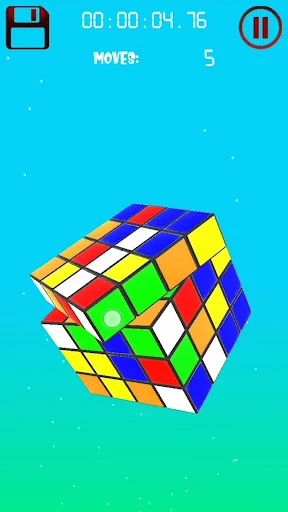 In-progress 3D cube puzzle showing elapsed time and five moves executed during gameplay