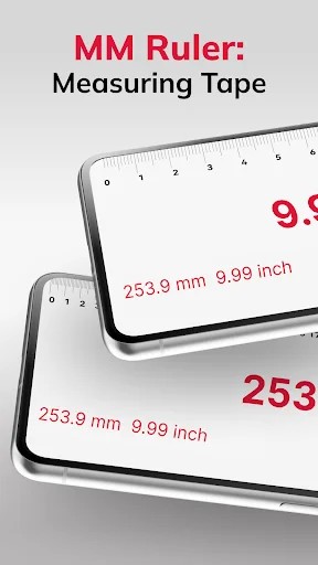MM Ruler: Measuring Tape app with dual measurement display showing dimensions in millimeters and inches on mobile phones