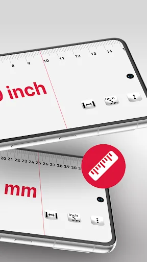 MM Ruler measuring tape app interface displaying measurement readings and ruler markings in both inches and millimeters