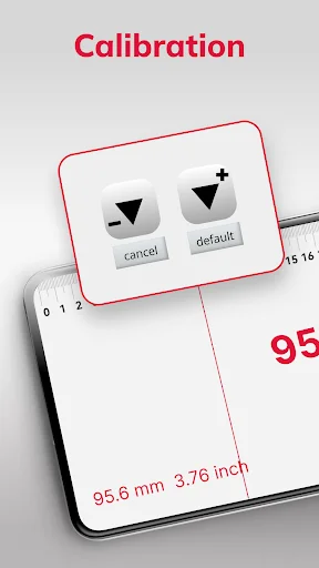 Calibration screen in MM Ruler app with adjustment buttons and fine-tuning controls for precise measurement accuracy