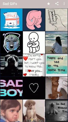 Sad GIFs app grid collection displaying various emotional meme images for messaging and sharing