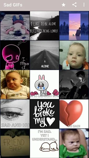 Collection grid of sad and lonely GIFs with heartbreak, depression, and emotional meme images