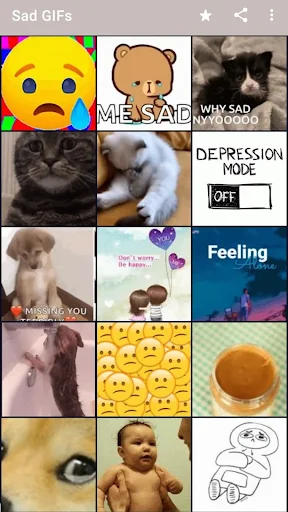 Grid view of sad GIFs including sad emoji, crying faces, depression mode, and emotional content