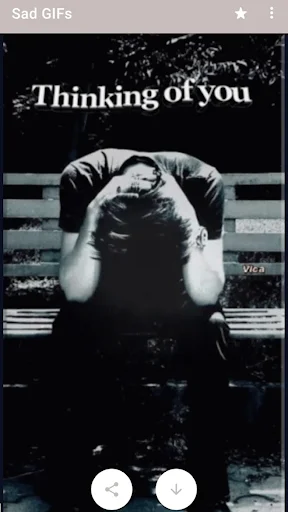 Sad GIF preview showing distressed person with 'Thinking of you' text and interactive share buttons