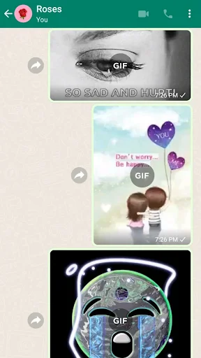 Messaging conversation with Roses contact displaying sad GIFs including emotional and hurt themed messages