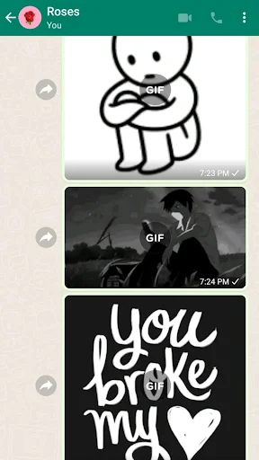 Chat screen showing sad GIFs being sent including stick figure, heartbreak, and emotional themed content