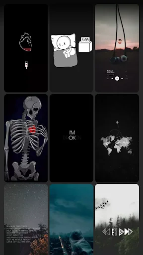Dark aesthetic wallpaper grid featuring skeleton art, hearts, and moody atmospheric scenes