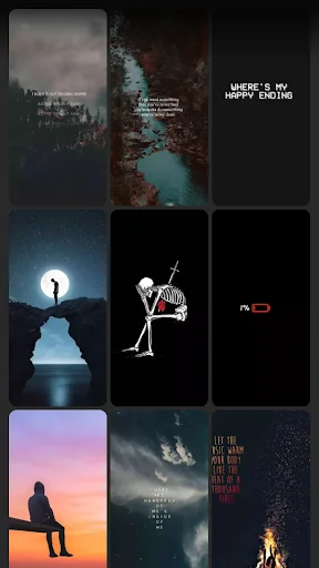 Sad wallpaper assortment displaying skulls, silhouettes, sunset scenes, and emotional text