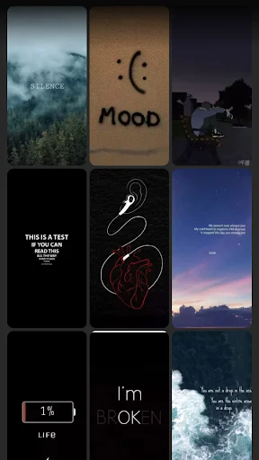 Mood-themed wallpaper designs including silence, sad faces, battery status, and emotional symbols