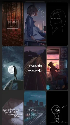 Emo wallpaper collection with dark anime art, silhouettes, music controls, and mood indicators