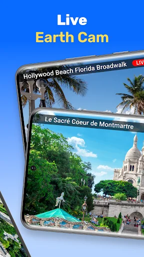 Live Earth Cam feature displaying real-time camera feeds from famous landmarks including Hollywood Beach and Sacré-Cœur
