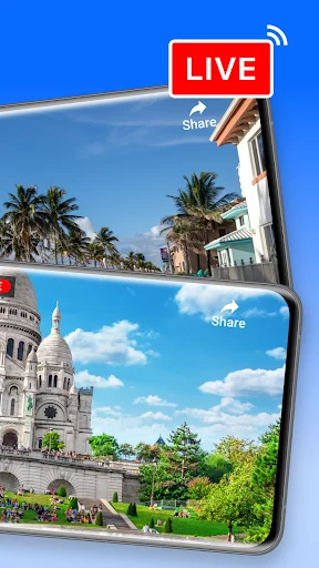 Live satellite broadcast screen with share functionality showing scenic landmarks and real-time streaming views