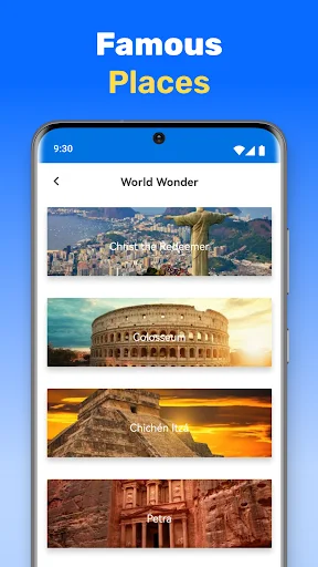 Famous Places section listing world wonders including Great Wall of China, Colosseum, Chichen Itza, and Petra