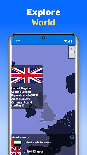 Explore World map feature showing United Kingdom with country details including capital, population, area, and currency