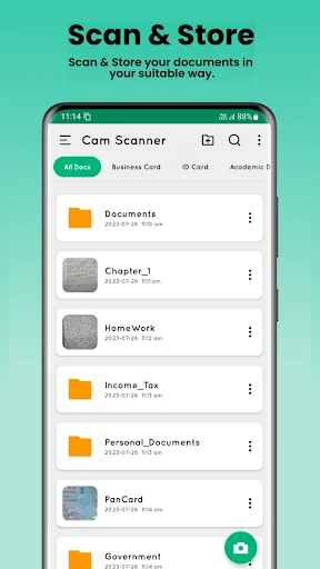 Document Scanner app home screen showing folder organization and PDF document storage management