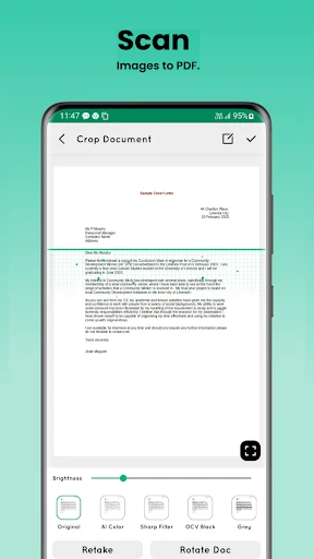 PDF document cropping interface with image enhancement filters for scanning optimization