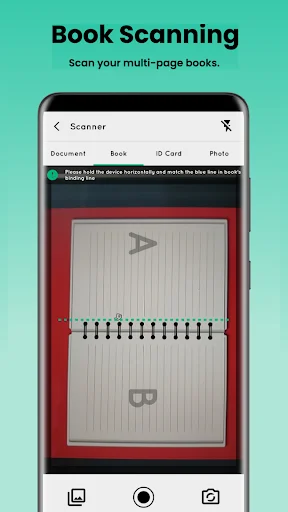 Book scanner camera view with guide frame for multi-page book document capture