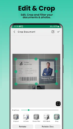 Document editor with green crop handles for adjusting and formatting scanned page boundaries