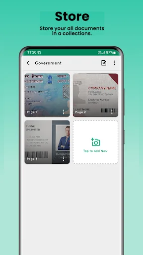 Document collection view showing scanned page thumbnails organized in storage folders