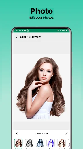 Photo editor interface with color filter effects for enhancing portrait images and photos