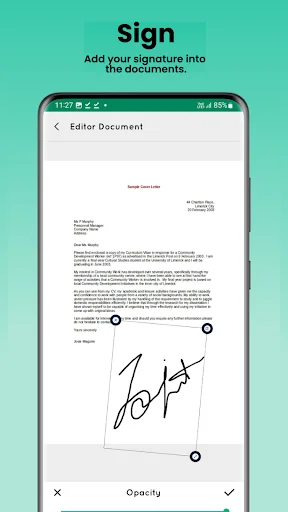 PDF document editor with handwritten signature placement and opacity adjustment controls