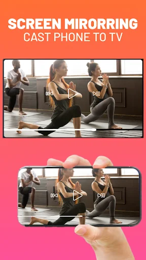 Screen mirroring app displaying fitness class content wirelessly cast from smartphone to television in real-time