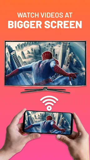 Video streaming interface showing Spider-Man movie cast to TV with wireless wifi connection from mobile phone